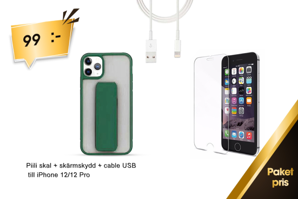 Piili skal + skärmskydd + cable USB till iPhone 12/12 Pro